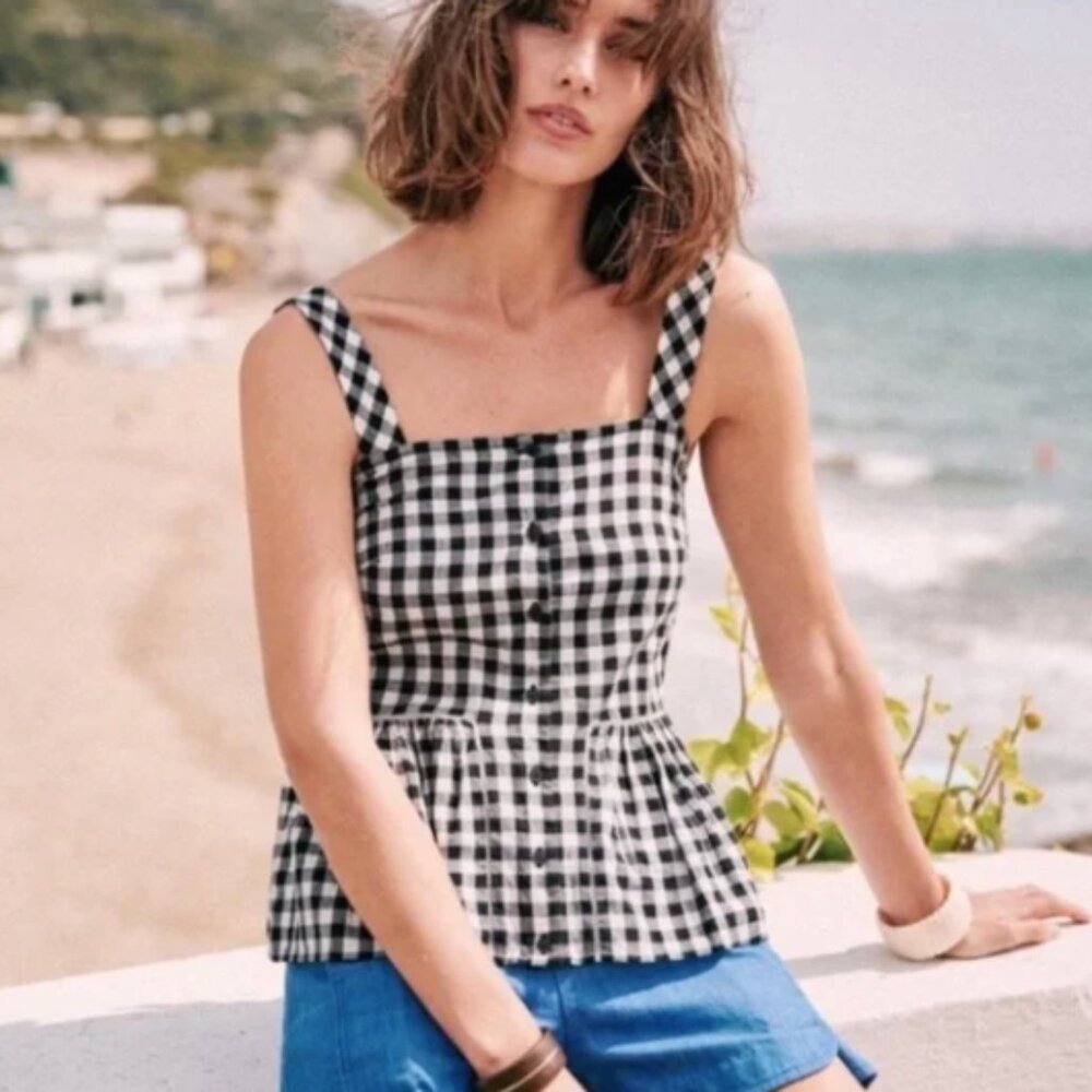 Sézane Laurette Gingham Top FR 40, US 8, 100% Cotton Tank Top